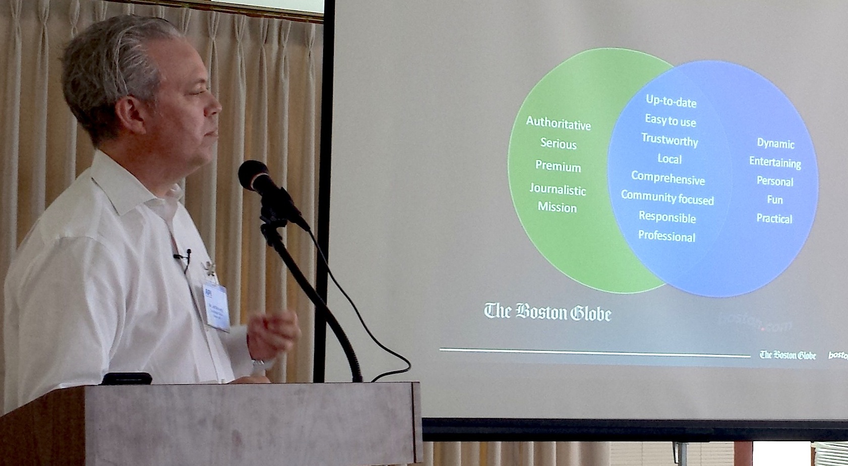 The Boston Globe's Jeff Moriarty explains the Globe's two-site solution. BostonGlobe.com attributes are in the left circle and Boston.com attributes are on the right, with shared attributes in the middle.