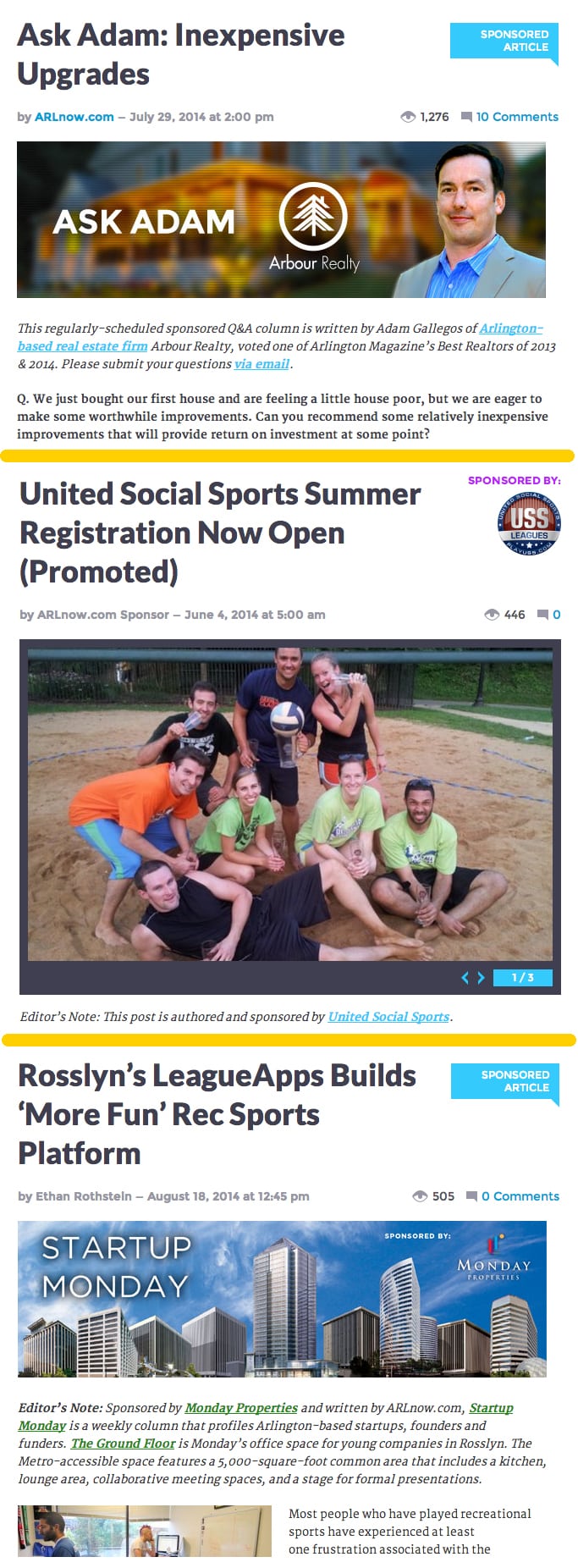 A sponsored column on ARLnow.com is written by an Arlington-based real estate firm and offers home advice (top), a promoted post on ARLnow.com is written by a local sports league and announces summer registration (center), and a sponsored feature on ARLnow.com is written by editorial staff, with coverage underwritten by a real estate investment firm, and highlights an Arlington startup (bottom)