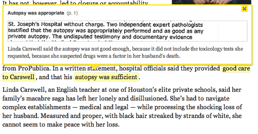 Explore Sources shows the source document as a pop-up window when a reader clicks on a highlighted passage in the story.
