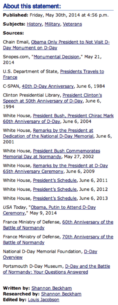 As shown in this example, PolitiFact's source list can be extensive. It includes the publication date (down to the minute) of the fact-check, as well as the publication information and hyperlink for each item. Finally, it includes a full list of the journalists responsible for the fact-check. It in effect says,