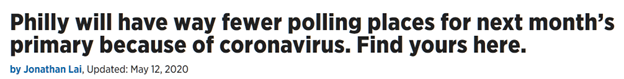 Headline from Philadelphia Inquirer story by Jonathan Lai talking about the closure of polling places
