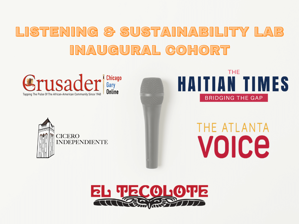 A graphic showing the logos of the five publishers chosen for the Listening & Sustainability Lab with a microphone in the middle and title text on top announcing them as the the first cohort for the newly formed lab.