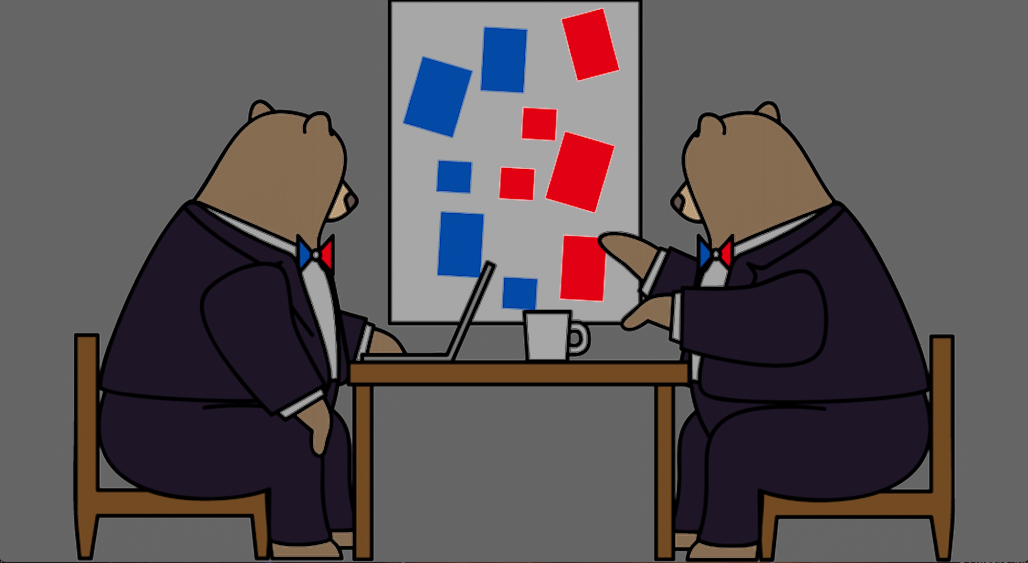 A drawing of two bears in suits sitting at a desk and looking at a poster with red and blue squares on it