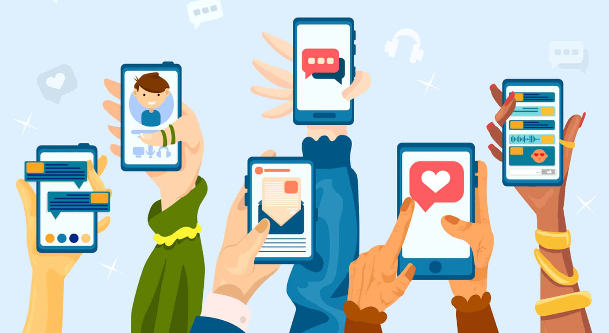 An illustration of six hands with different skin tones holding mobile phones with various social media and communication apps on them.