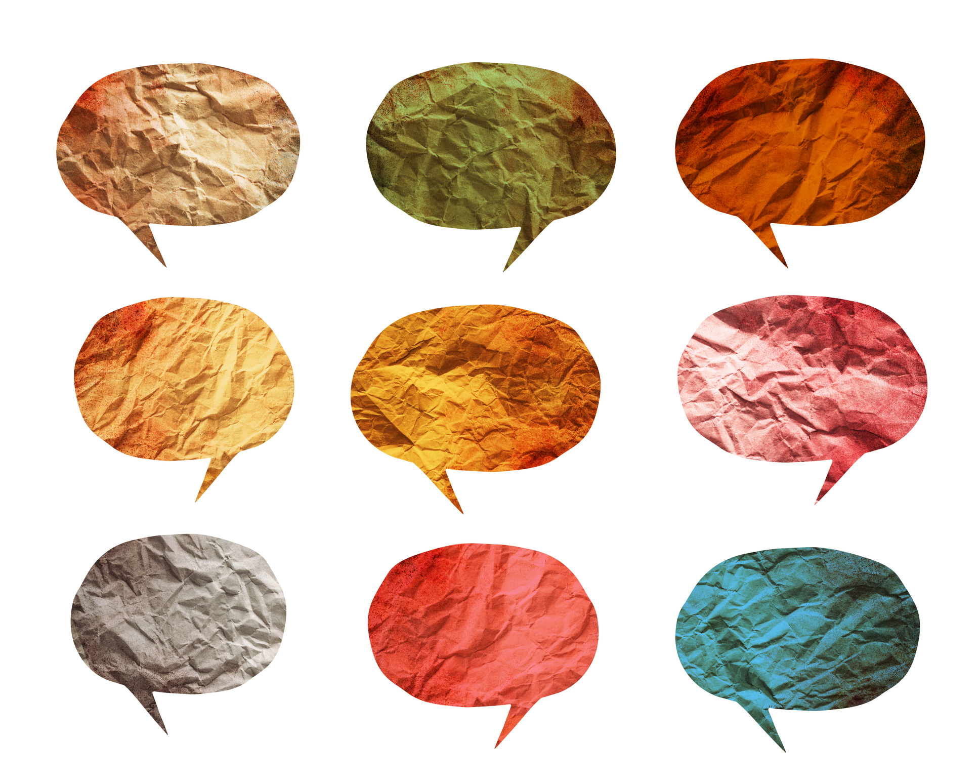 Set of different paper crumpled speech bubbles isolated on white background.