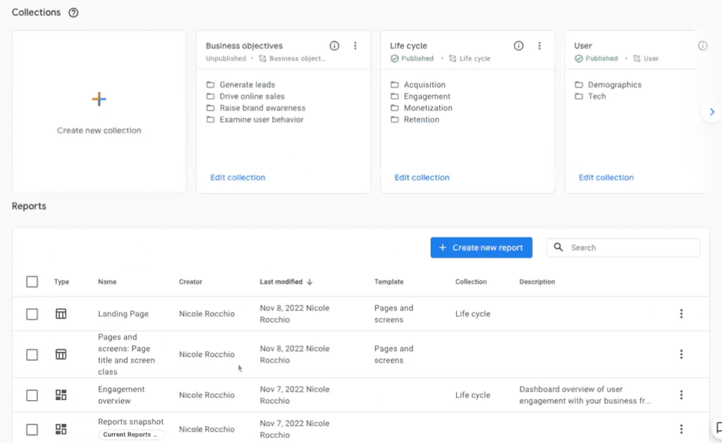 A screenshot of the reports library in GA4, including 3 sample report entries.