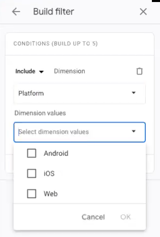 A screenshot of the CONDITIONS tab, in which the DIMENSION VALUES dropdown shows Android, iOS and Web options